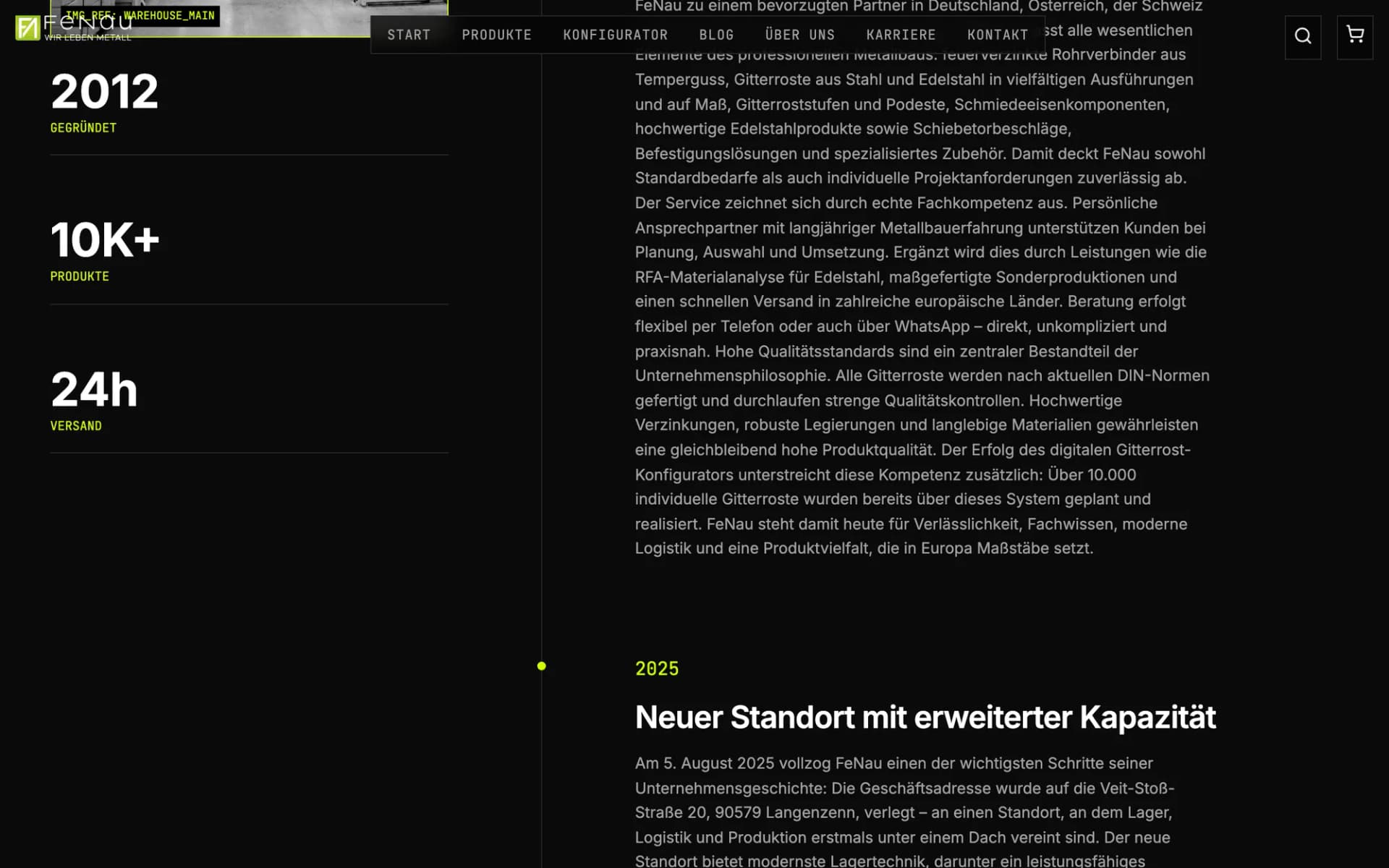 Über uns: Kennzahlen (2012, 10K+ Produkte, 24h-Versand) und Unternehmensgeschichte