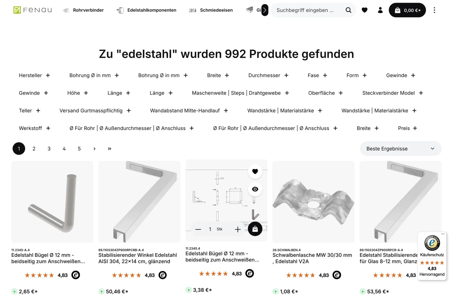 Suchergebnis »edelstahl«: 992 Treffer, filterbar über technische Facetten