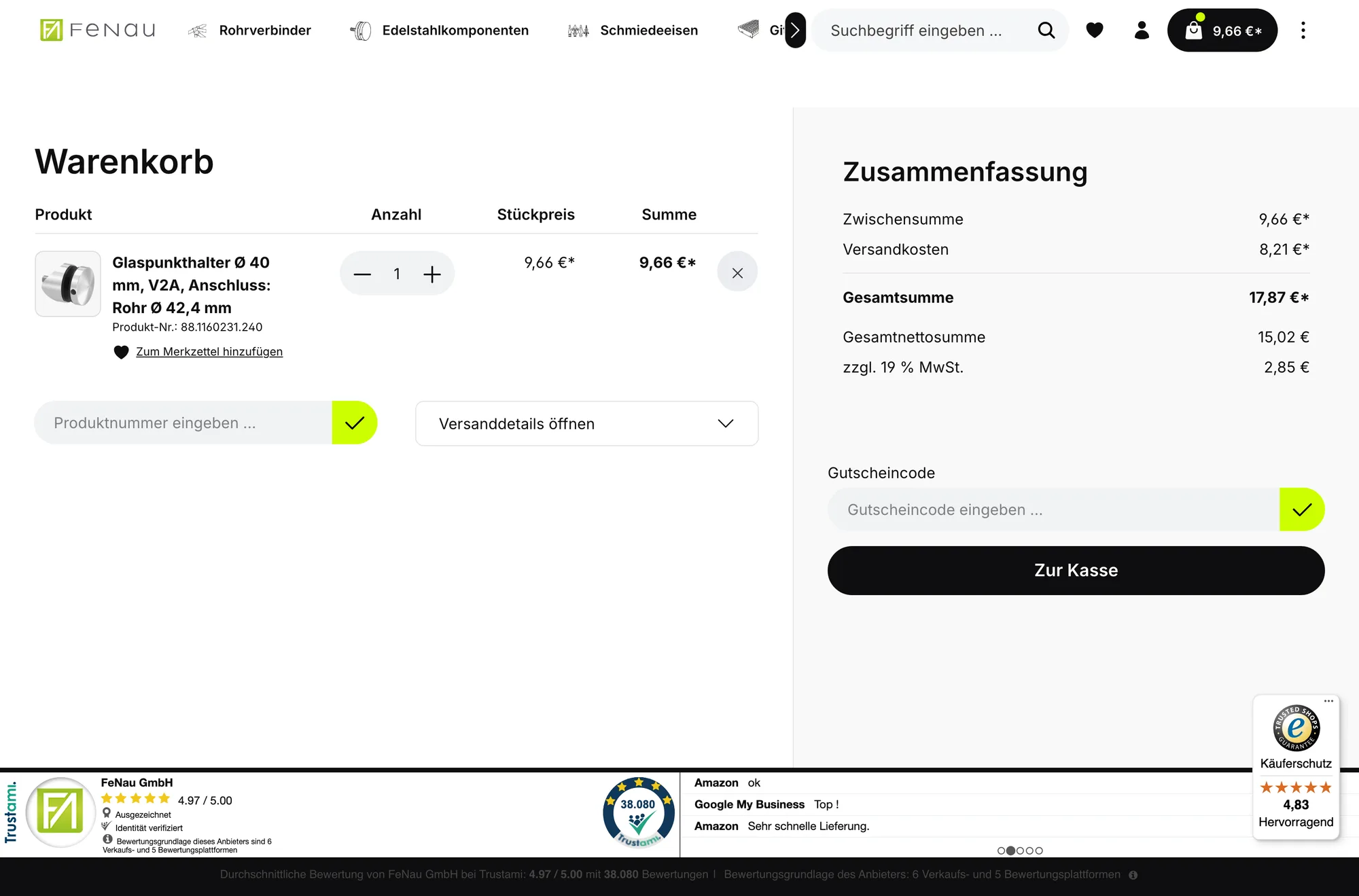 Warenkorb mit transparenter Netto-/Brutto-Aufschlüsselung und Trusted-Shops-Siegel