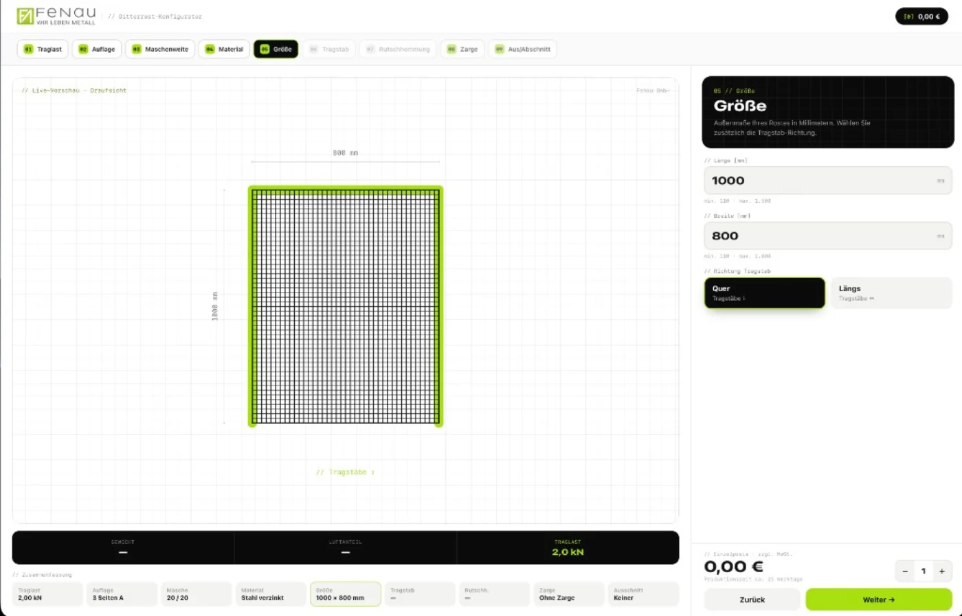 Schritt »Größe«: 1000 × 800 mm mit Tragstab-Richtung und Grenzwerten