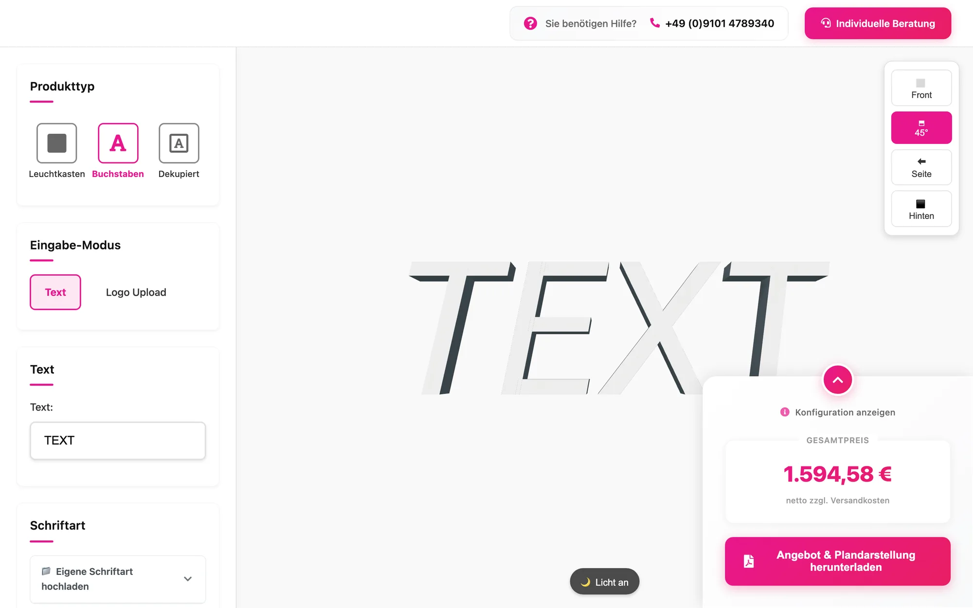 Buchstaben-Modus mit Texteingabe, Schriftwahl und sofortiger 3D-Umsetzung