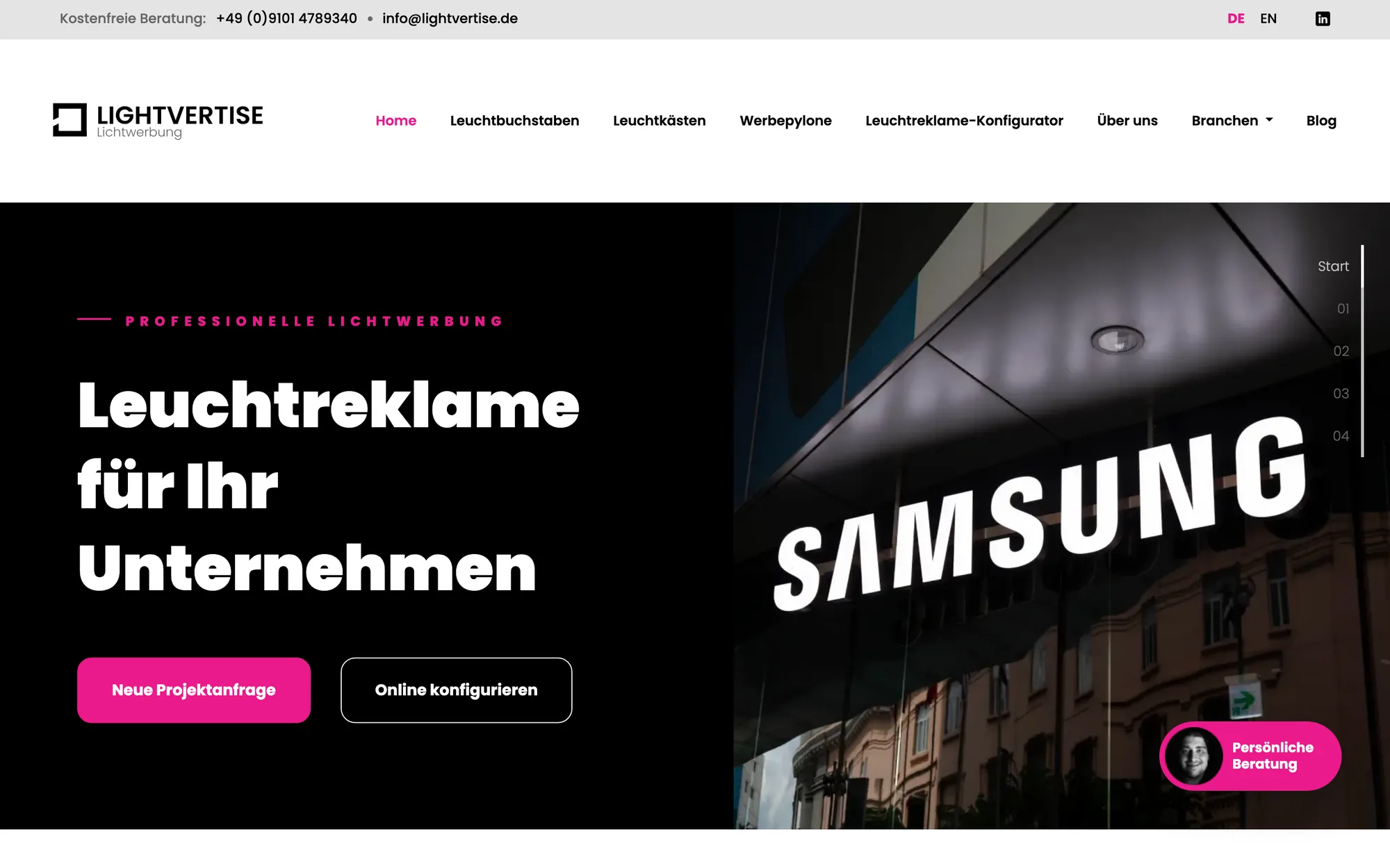 Hero mit Referenz-Slider (u. a. Samsung) und den zwei zentralen CTAs