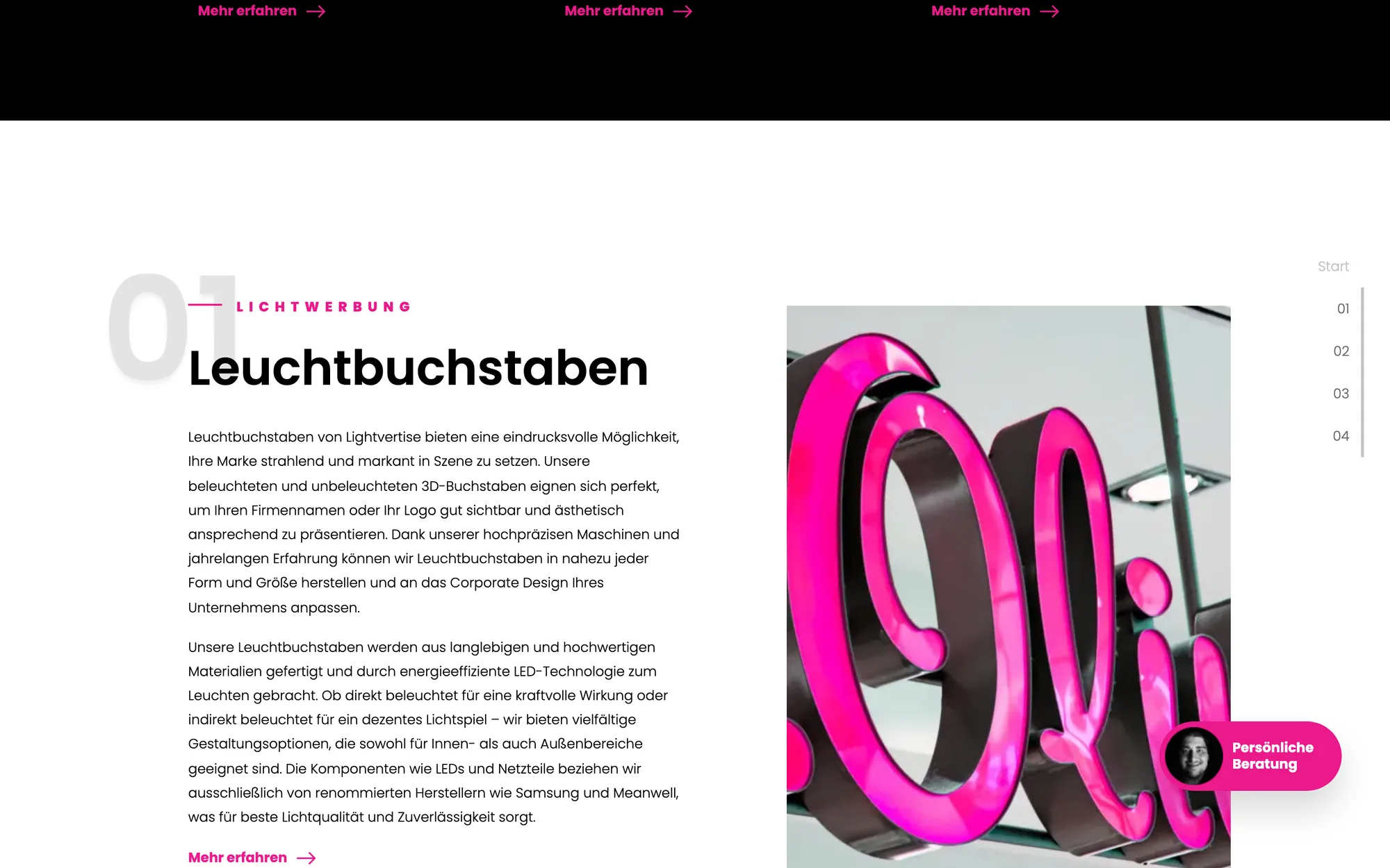 Detaillierter Leistungsblock »Leuchtbuchstaben« mit Produktvisualisierung