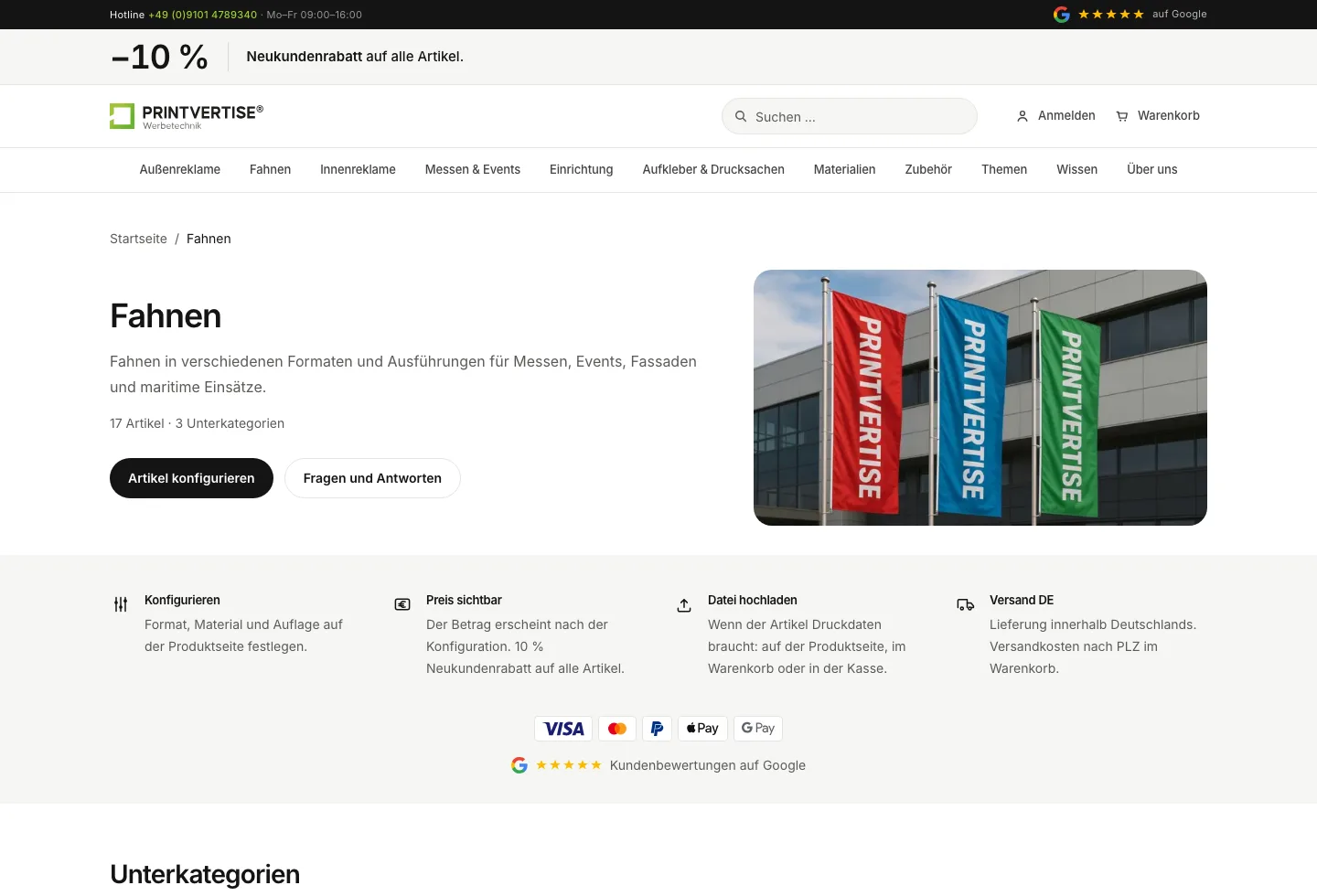 Kategorie Fahnen auf printvertise.de — Unterkategorien und der Weg in den Konfigurator