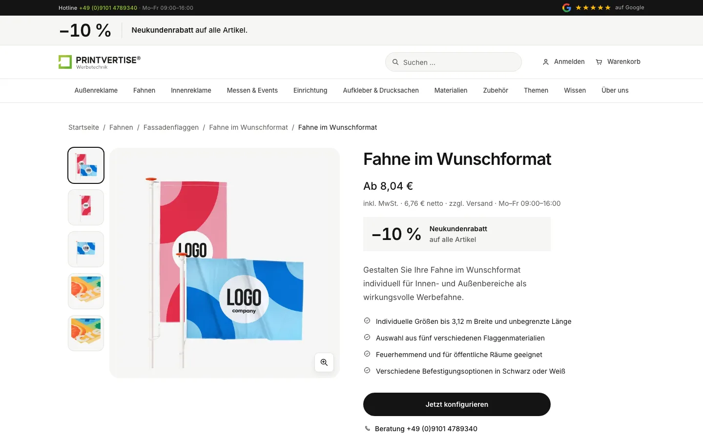 Produktdetail Fahne im Wunschformat — Ab-Preis, dann konfigurieren