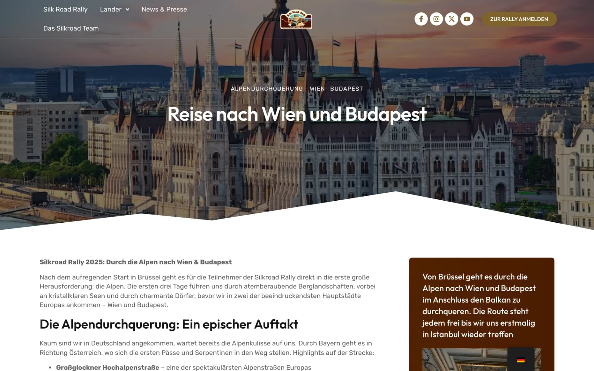 Etappen-Seite »Reise nach Wien und Budapest«: cinematischer Hero und redaktionelle Streckenbeschreibung.