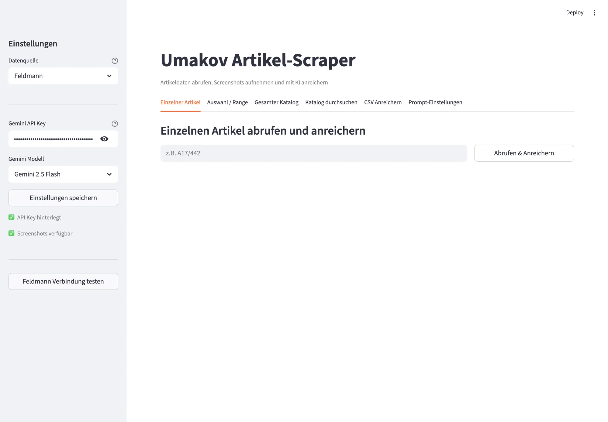 Einstellungsleiste und Tab-Navigation: einzelner Artikel, Range, Katalog, CSV & Prompts
