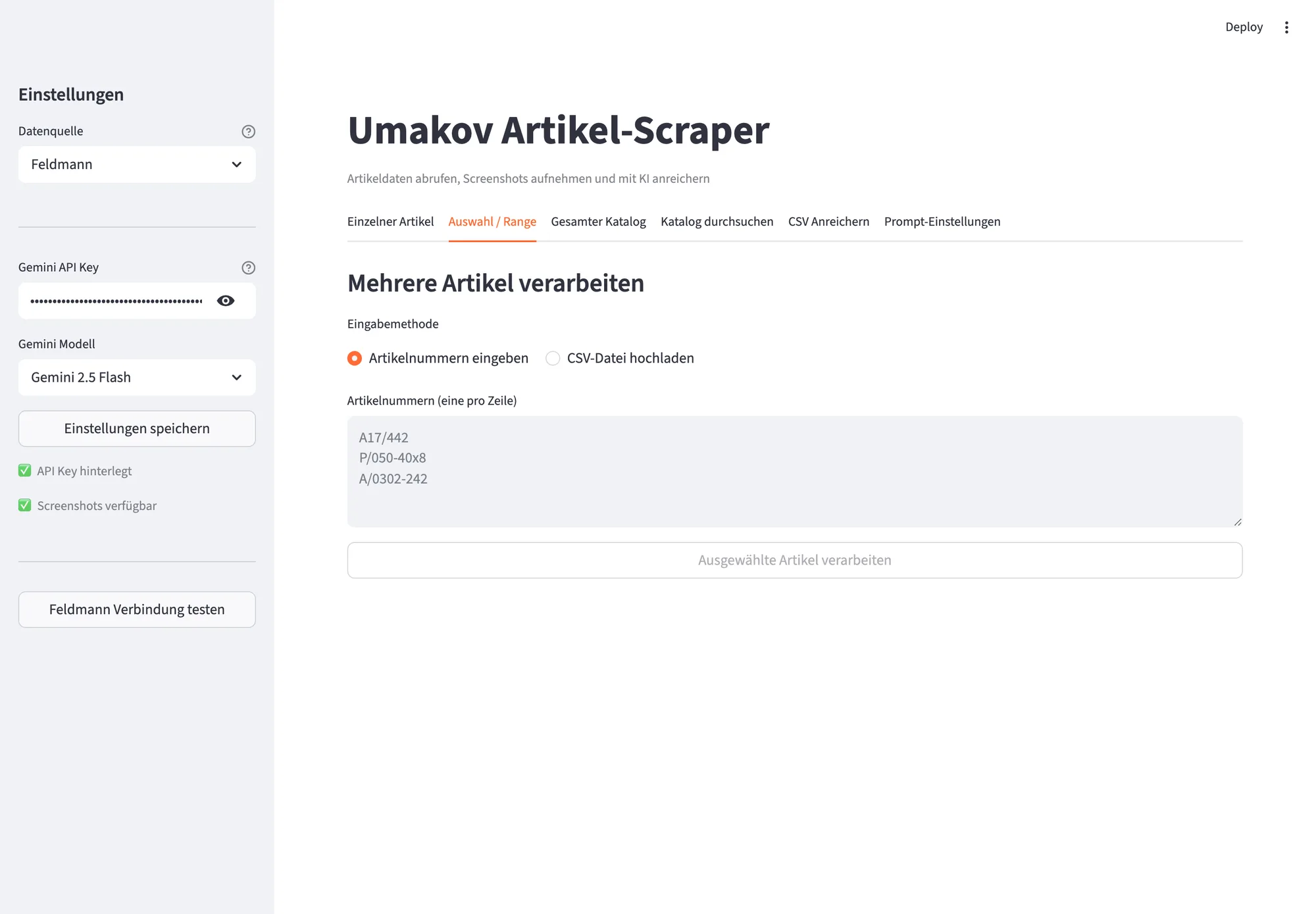 Range-Verarbeitung: mehrere Artikelnummern per Eingabe oder CSV-Upload