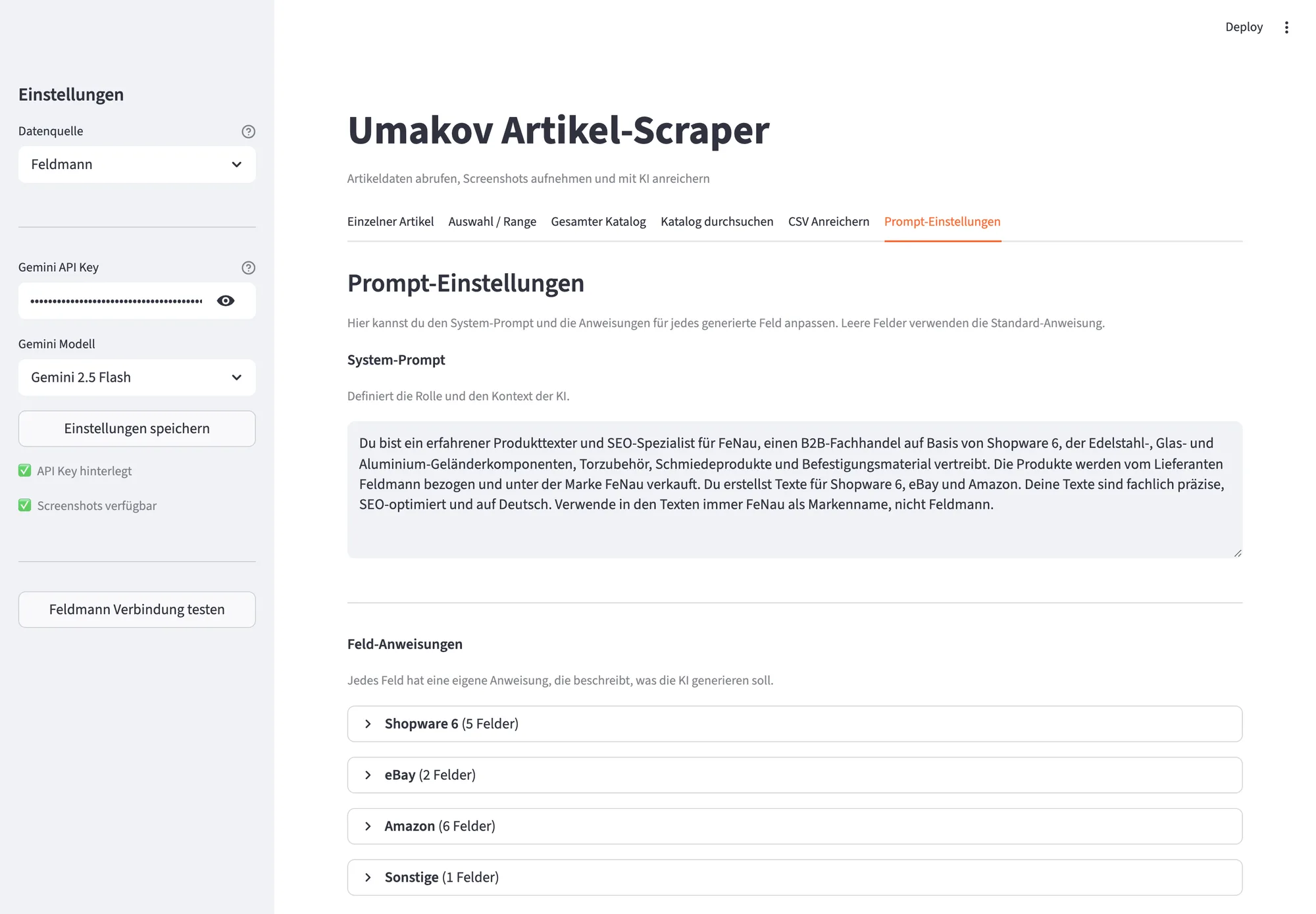 Anpassbare System- und Feld-Prompts für Shopware, eBay & Amazon
