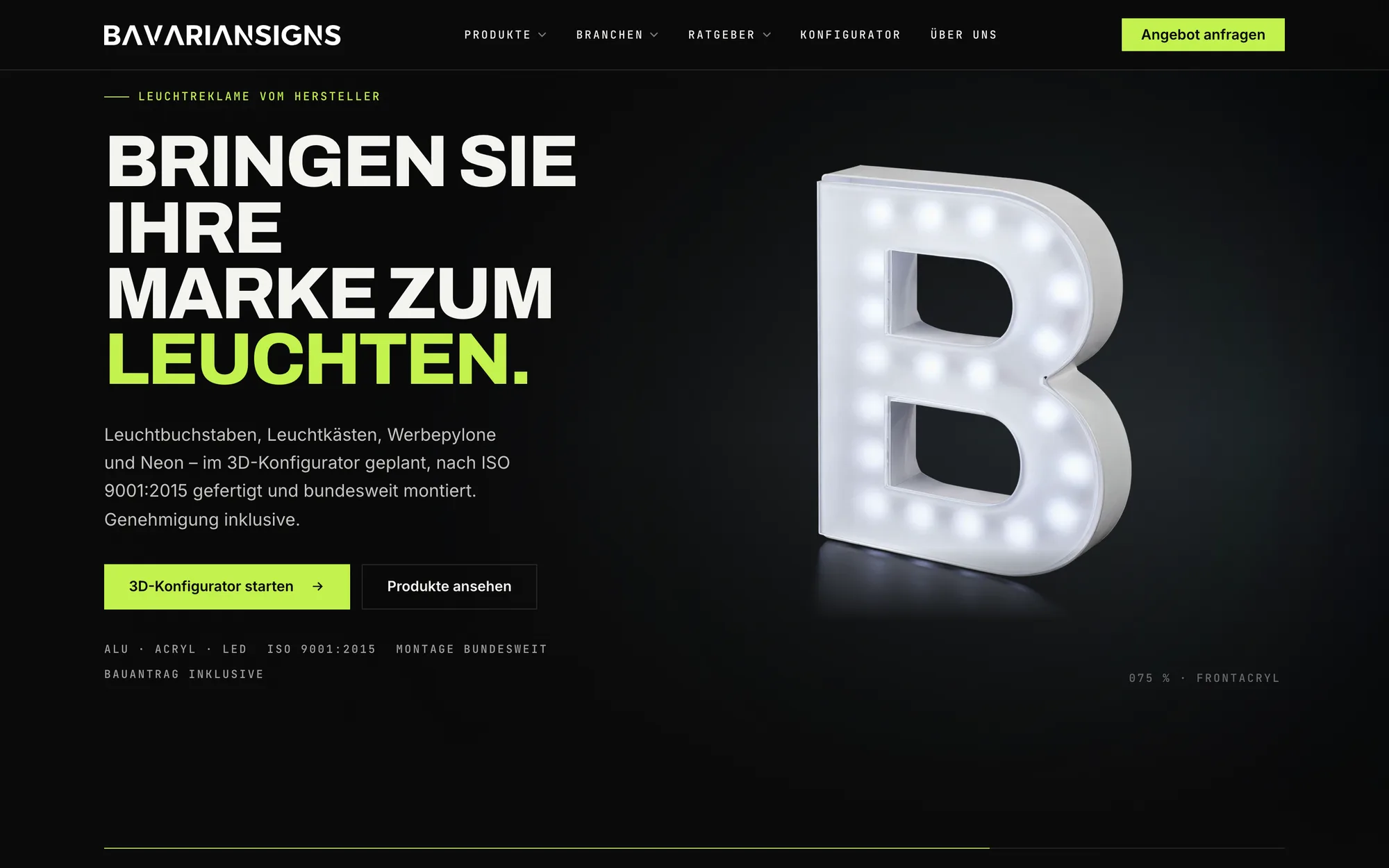 Produktnahe Leuchtbuchstaben-Visualisierung im Hero
