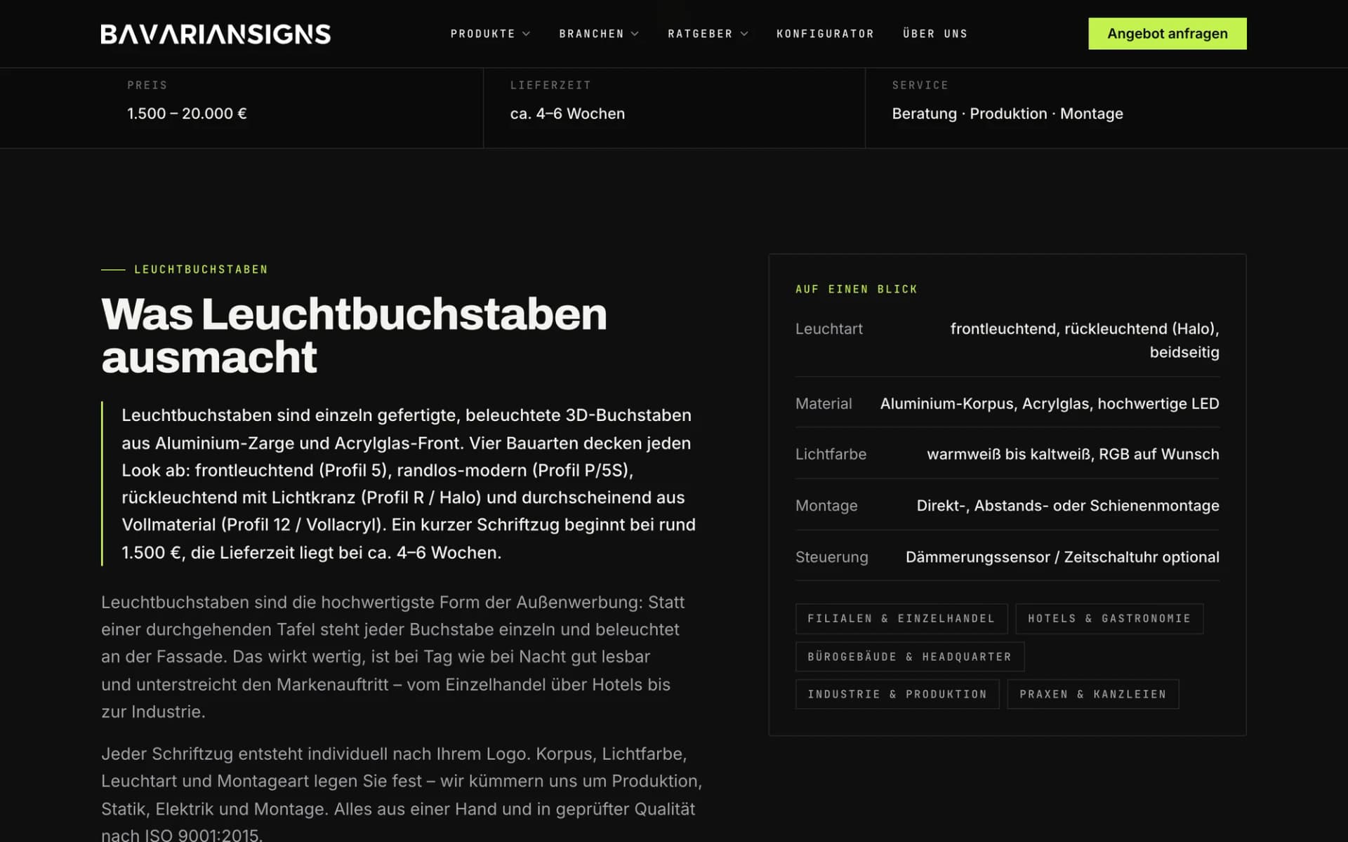 Produkt-Money-Page Leuchtbuchstaben mit Spezifikationstabelle und Branchen-Tags