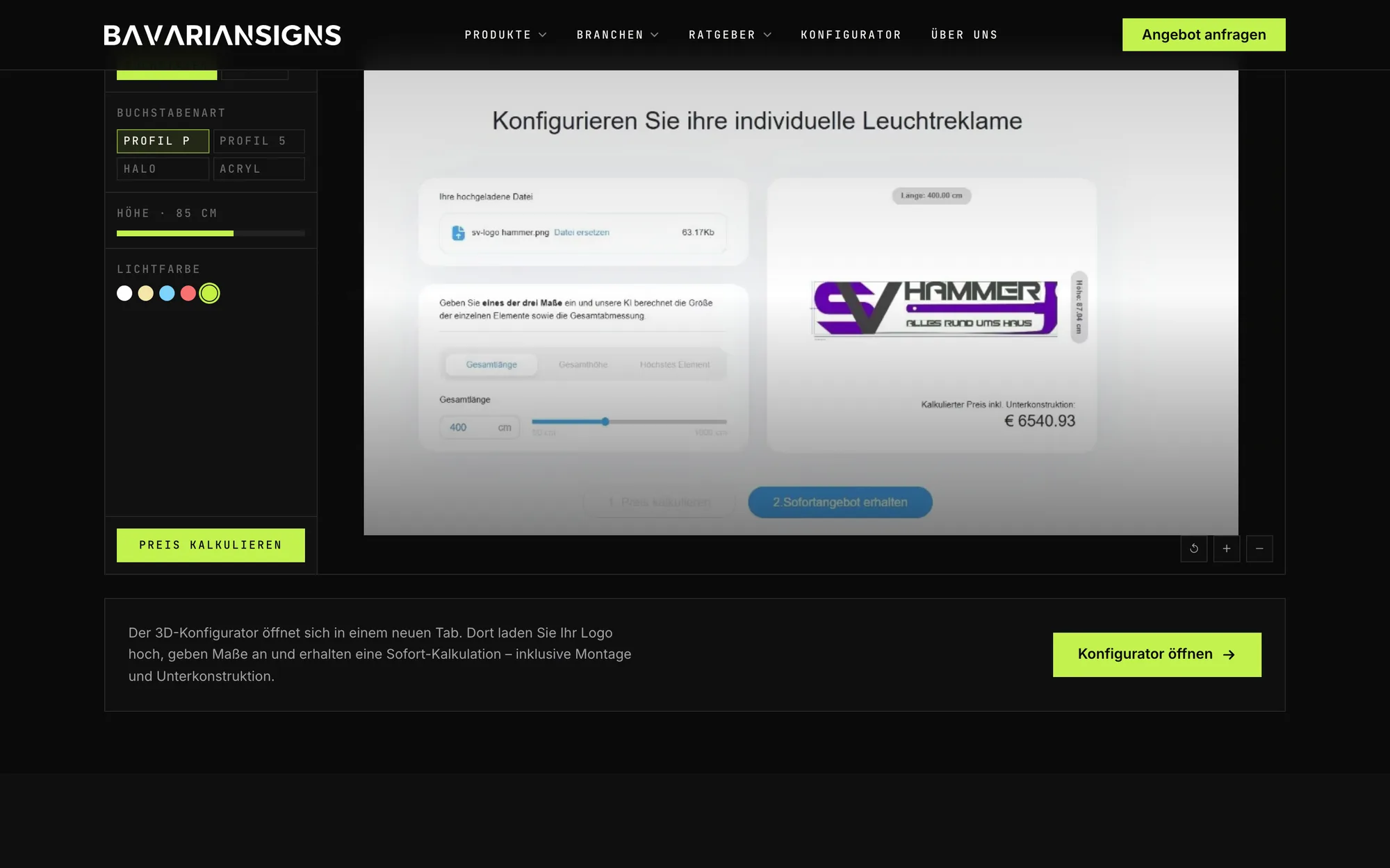Konfigurator-Vorschau mit Live-Preis als Angebotsstrecke am Ende jeder Landingpage