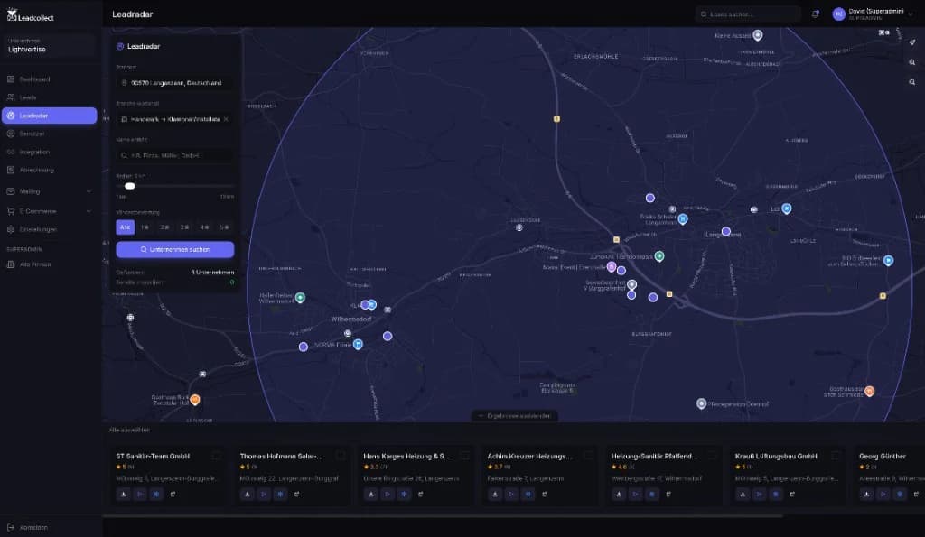 Leadradar: B2B-Firmen werden standortbasiert auf der Karte identifiziert und für die Ansprache aufbereitet.