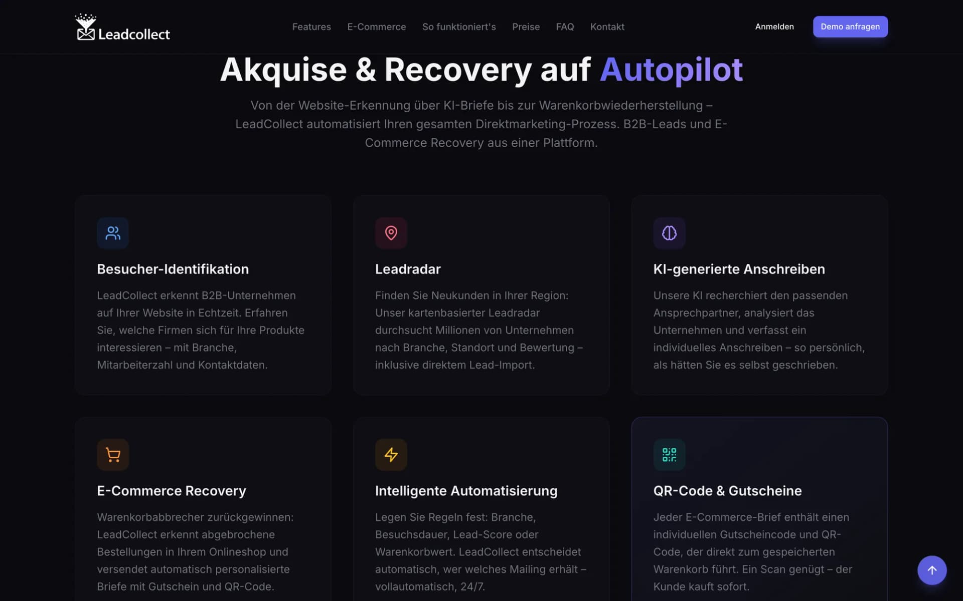 Akquise & Recovery auf Autopilot: Besucher-Identifikation, Leadradar und KI-generierte Anschreiben als eine Plattform.