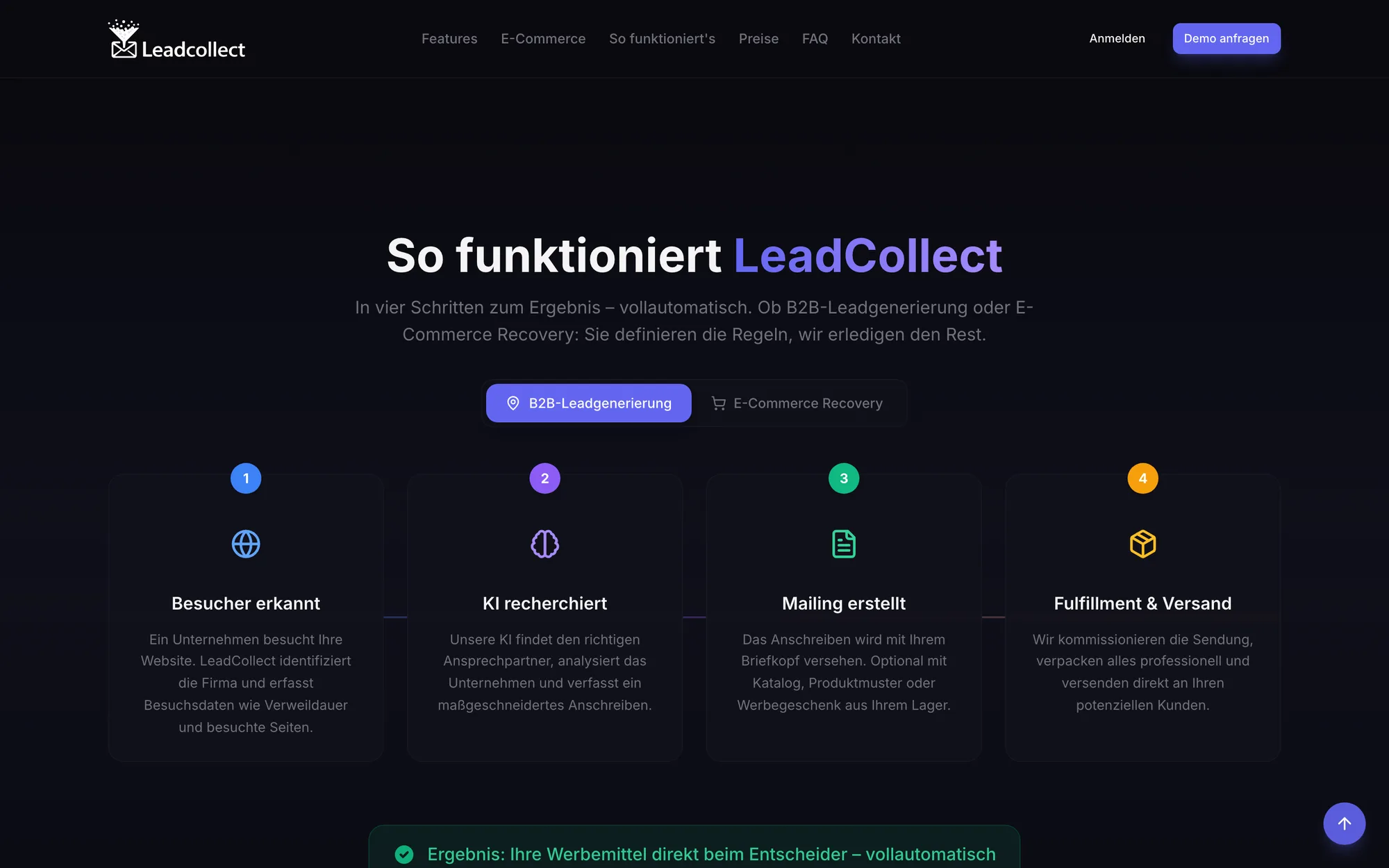 »So funktioniert LeadCollect«: von der Besuchererkennung über die KI-Recherche bis zu Fulfillment und Versand.