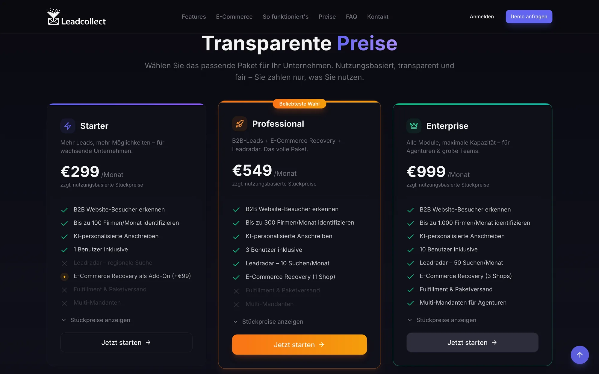 Transparente, nutzungsbasierte Preispakete — von Starter über Professional bis Enterprise.