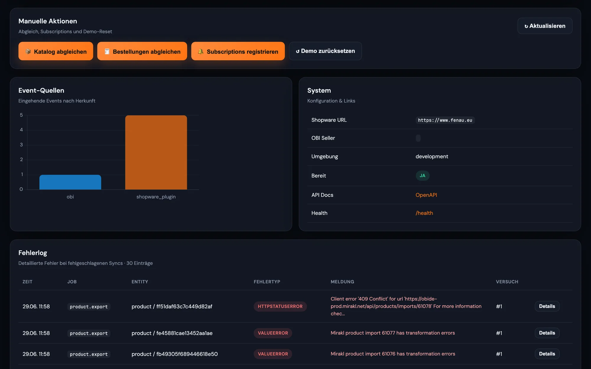 Betrieb: manuelle Sync-Aktionen, Event-Quellen nach Herkunft und ein detailliertes Fehlerlog mit Ursache je Job.