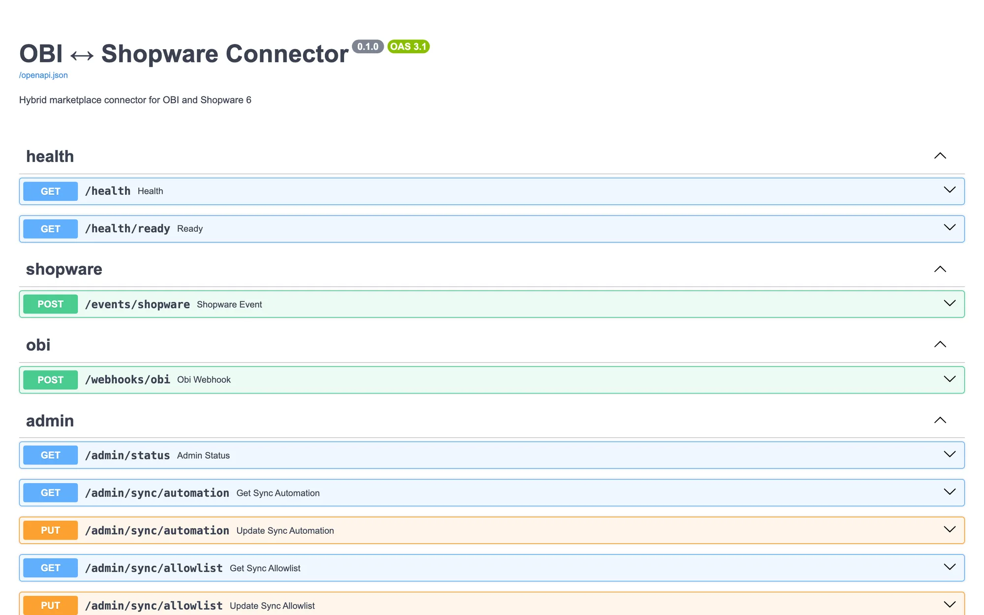 OpenAPI-Dokumentation: getrennte Endpunkte für Shopware-Events und OBI-Webhooks — die Vertragsbasis der bidirektionalen Integration.