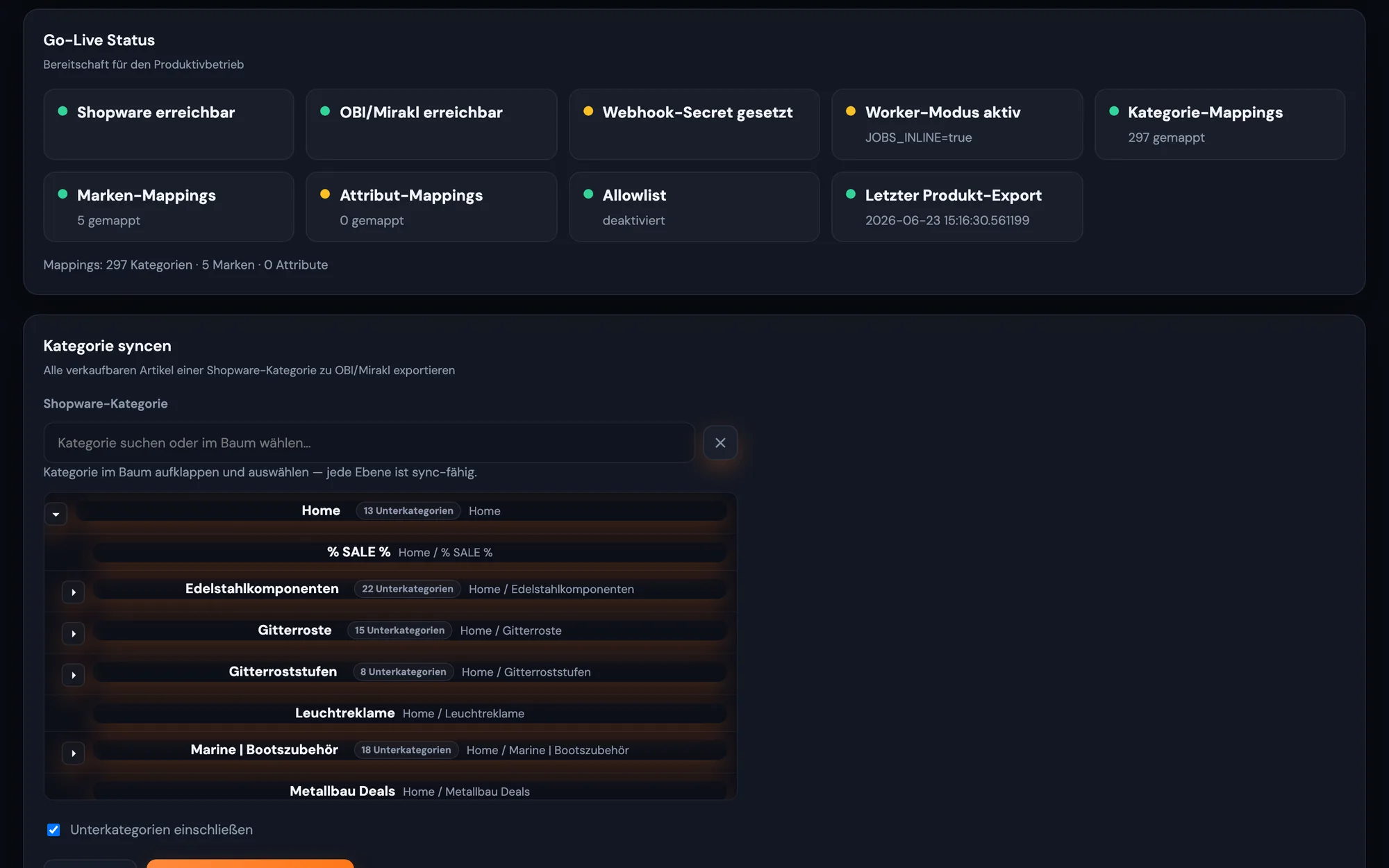 Go-Live-Panel: Bereitschaftsprüfungen auf einen Blick, darunter der Kategorie-Sync über den navigierbaren Shopware-Kategoriebaum.