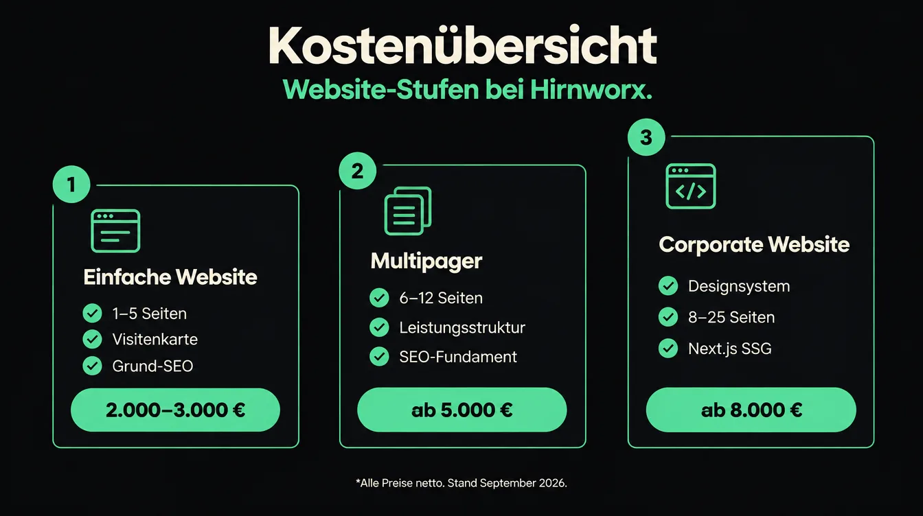 Schema der drei Website-Kostenstufen Einfache Website, Multipager und Corporate