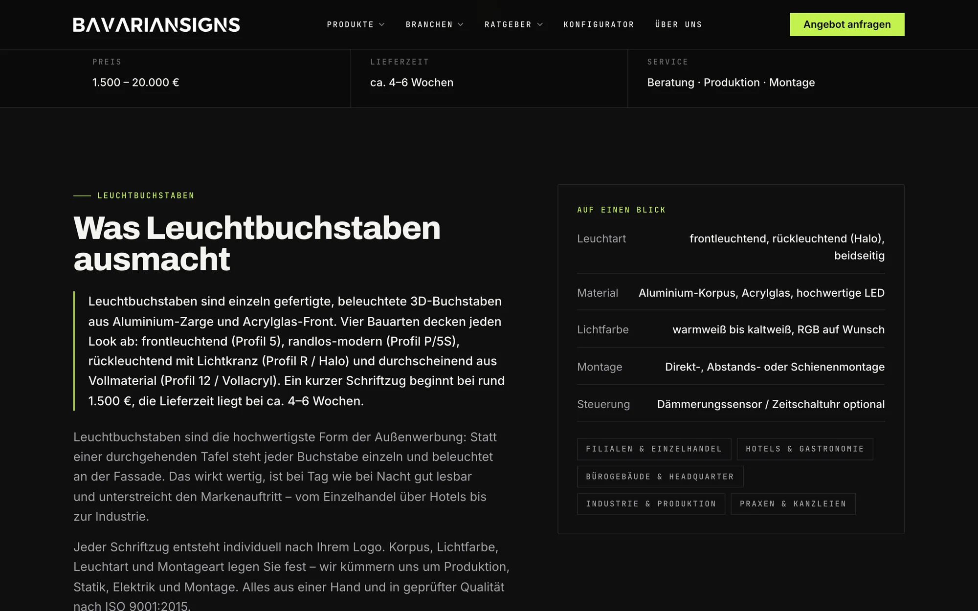 Produkt-Money-Page Leuchtbuchstaben mit Spezifikationstabelle und Branchen-Tags