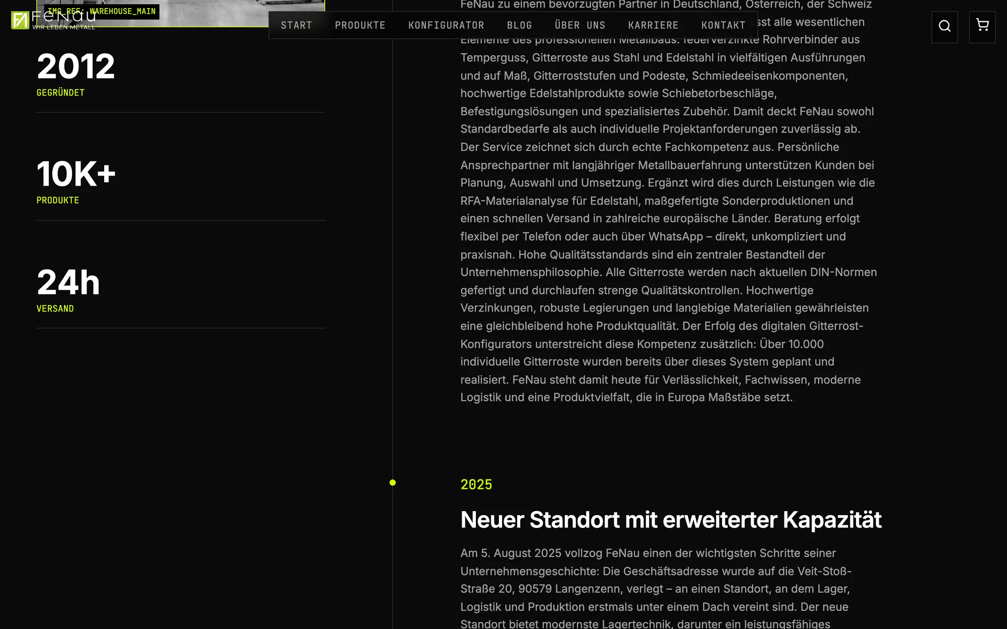 Über uns: Kennzahlen (2012, 10K+ Produkte, 24h-Versand) und Unternehmensgeschichte